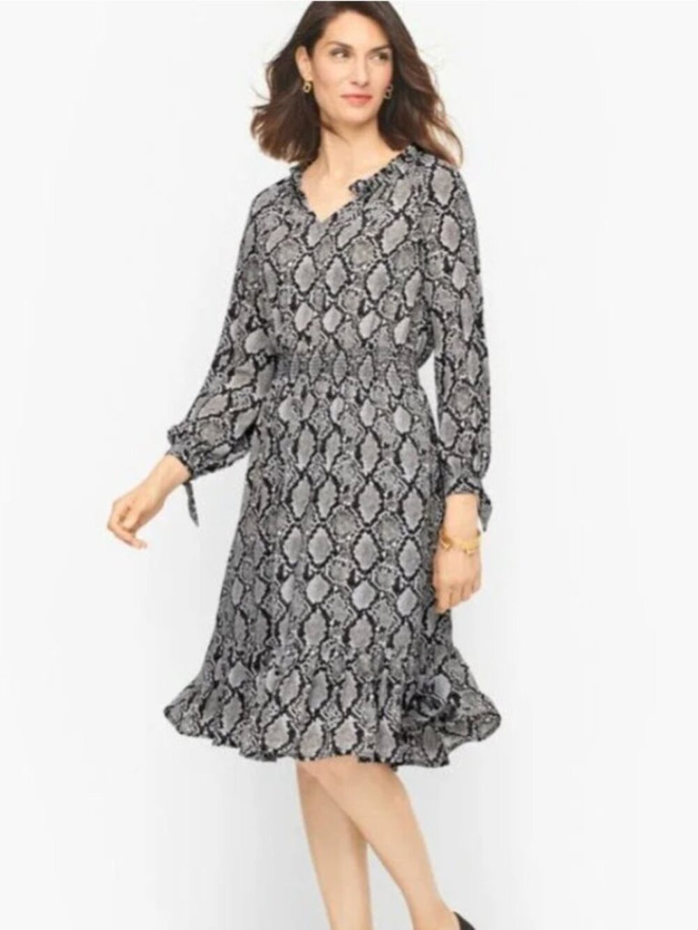 Talbots Fit & Flare Dress Tie Sleeve Snakeskin Print Workwear Travel